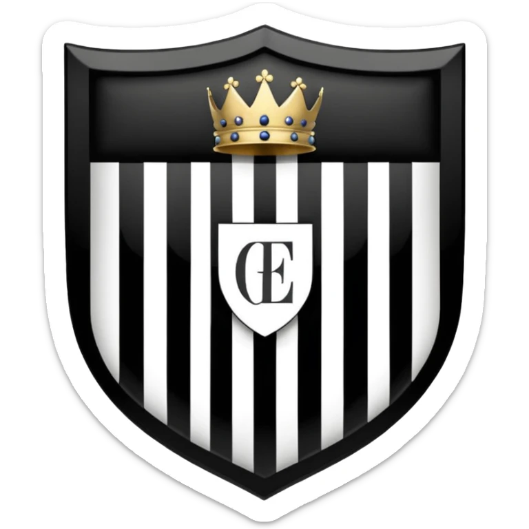 Es un escudo con forma clásica de heráldica, dividido en cinco franjas verticales alternadas en negro y blanco. En la parte superior tiene las siglas “GYE” y en la parte inferior el año “1908”. El diseño es simple, simétrico y con colores tradicionales blanco y negro. sticker