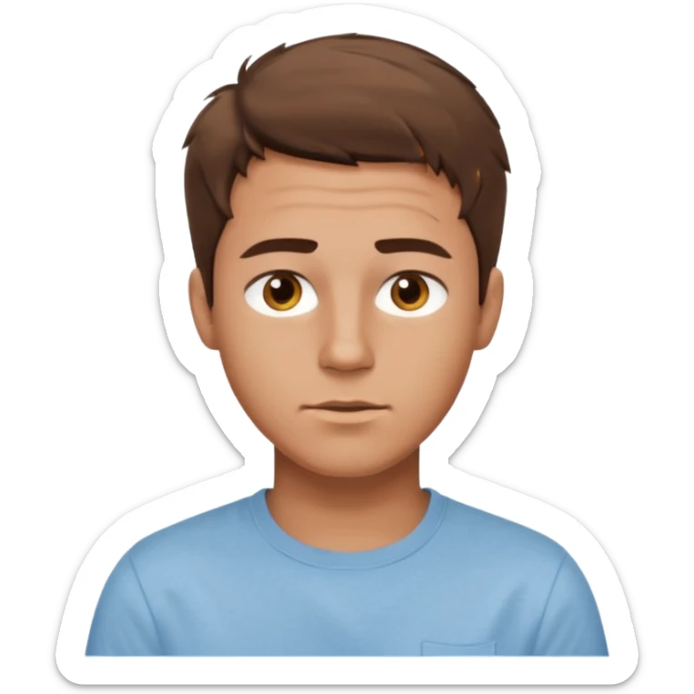 create an emoji of a young man, oval face. he has an American look, very messy brown hair, brown eyes, very slightly tanned skin, natural lips. he wears a short sleeve light blue shirt sticker