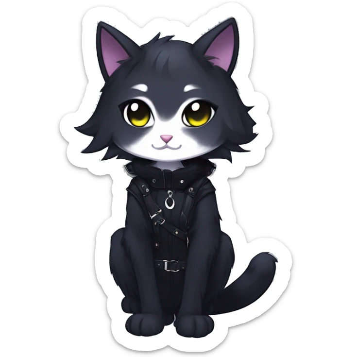 Gorgeous furry gothic dark techwear anime style anthro black cat furry sona Fakemon with blushing face aesthetic and pretty edgy black with collar and harness trending style sticker