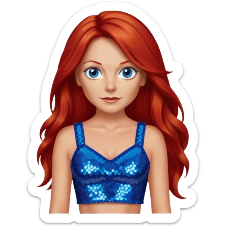 Geri Halliwell with long red hair, blue eyes, red sequin crop top sticker