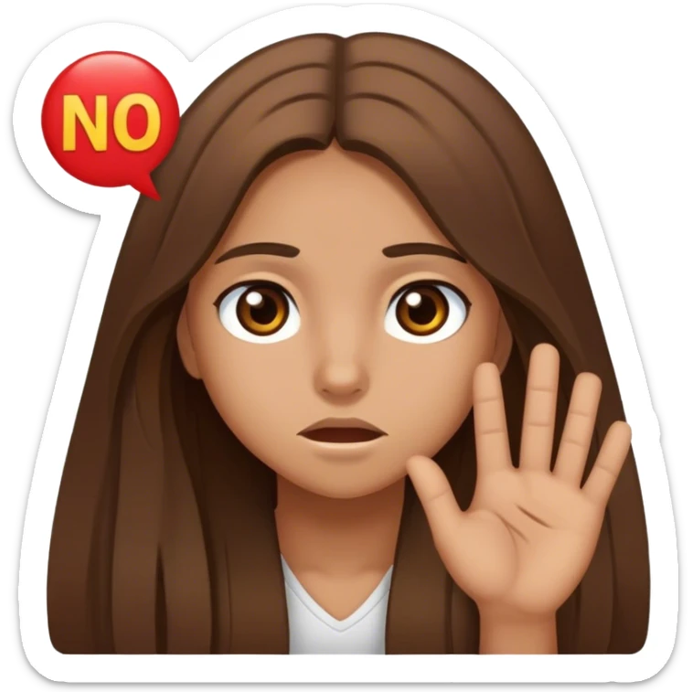 En tjej som är 17 år och har brunt långt hår, bruna ögon och är solbränd som säger NEJ  sticker