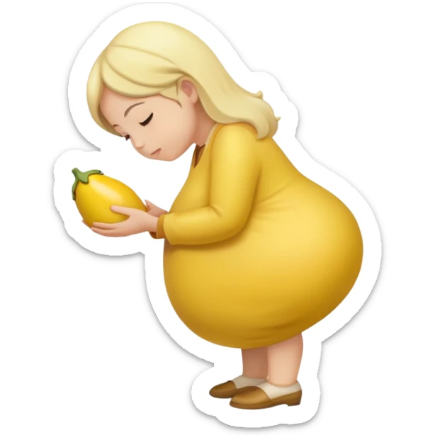yellow eggplant placed on a pregnant person, bowing person turned to the side sticker