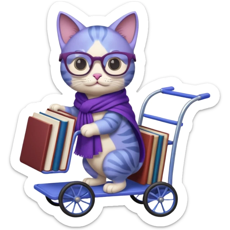 Purple and blue cat, with glasses and a shawl, pushing a 4 wheeled cart full of books sticker