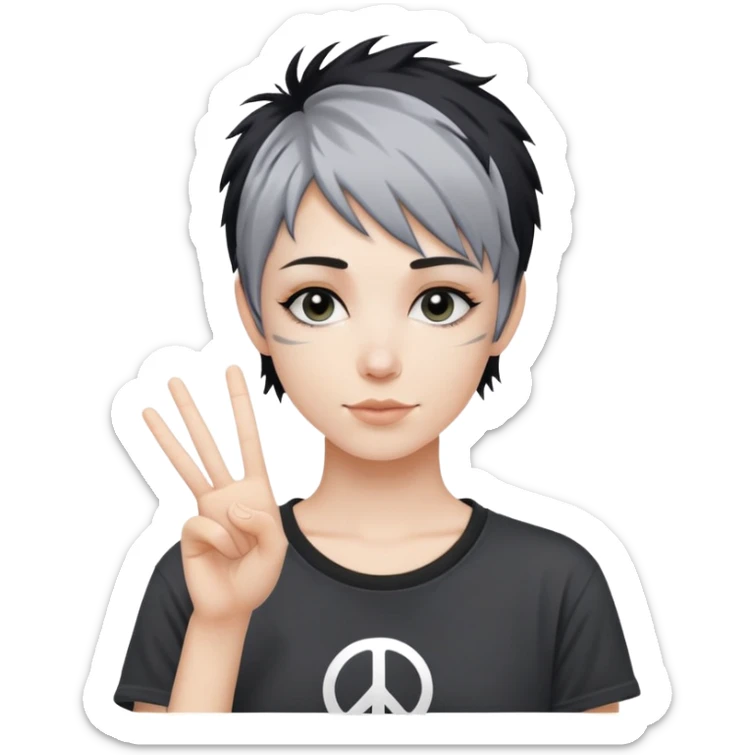 pixie shag hair black with streaks of gray, dark T-shirt with a peace sign  sticker