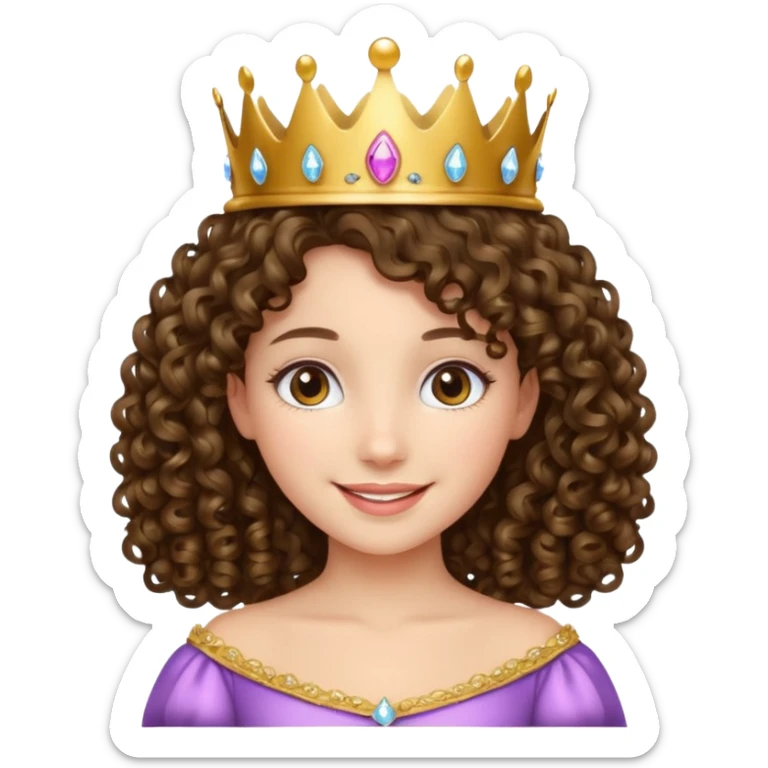 A brunette curly hair girl with a princess crown smiling gently. sticker