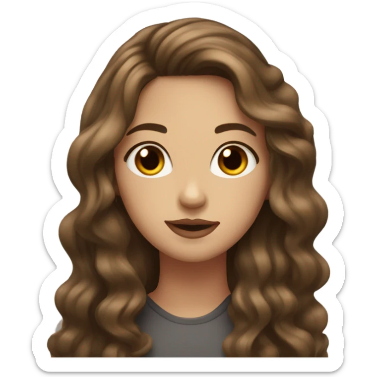 girl of 17, long, wavy hair, dark brown, plump, brown eyes, light red lips sticker