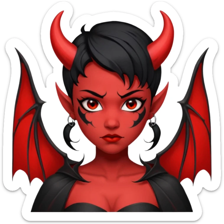 Demon girl: red skin, black hair, small horns, bat wing; tattoo-flash comic style; red/black palette; bold outlines; dark background; no text. sticker