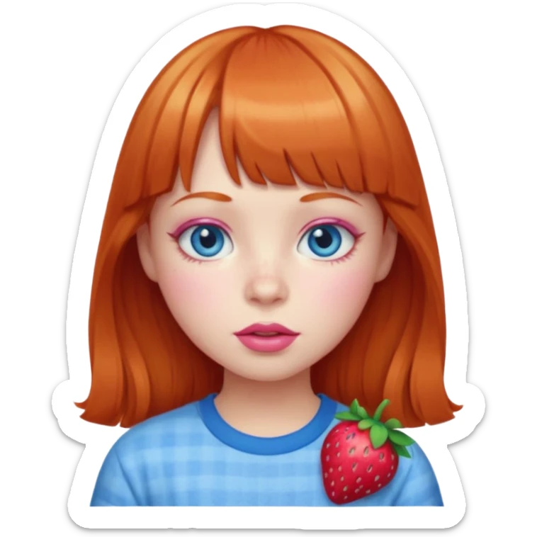 Ginger girl with bangs, big blue eyes, pink lips and cheeks, strawberry shirt  sticker