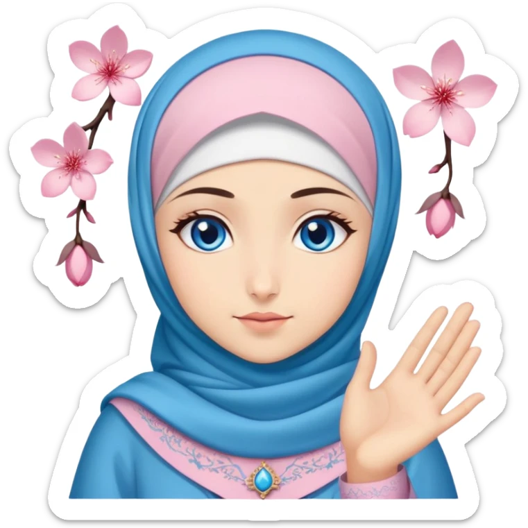 Turkish beautiful finish Konya girl blue eyes with hijab islamic dress and had on her hand sakura sticker