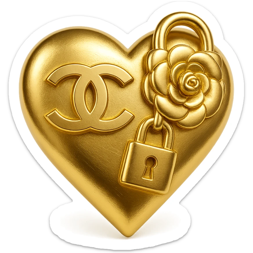 Chanel heart in metallic gold style with a camellia flower and a lock, symbolizing luxury and security sticker