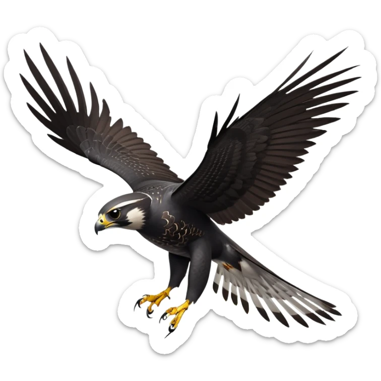 cinematic-peragrin falcon-realistic-full-body-diving-emoji,-sleek-aerodynamic-frame-plummeting-through-the-air-with-lightning-speed,-razor-sharp-talons-poised-for-the-strike,-feathered-wings-angled-for-maximum-precision,-keen-dark-eyes-locked-onto-its prey, white underside with black dotted feathers sticker