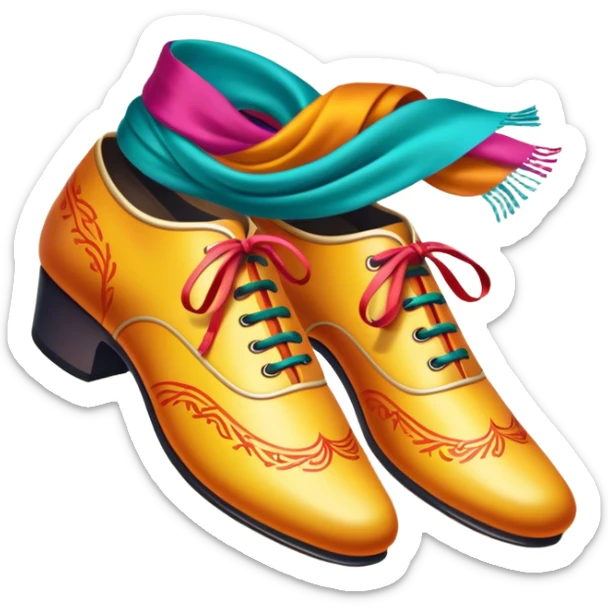 Humanless Icon for Folk Dance: traditional folk dance shoes, a colorful scarf, and a vibrant dance floor. The icon should capture the energy and cultural richness of folk dancing, with emphasis on movement, rhythm, and traditional attire. Transparent background. sticker