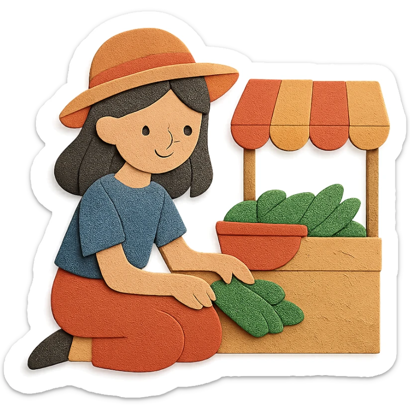 girl sitting on the marketplace, paper craft style sticker