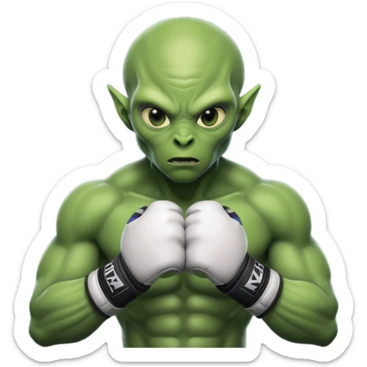 alien MMA fighter portrait, head and shoulders only, green skin, MMA gloves, focused intense expression, muscular alien build, 3D cartoon, mobile game icon style, clean background, no text, no watermark
 sticker