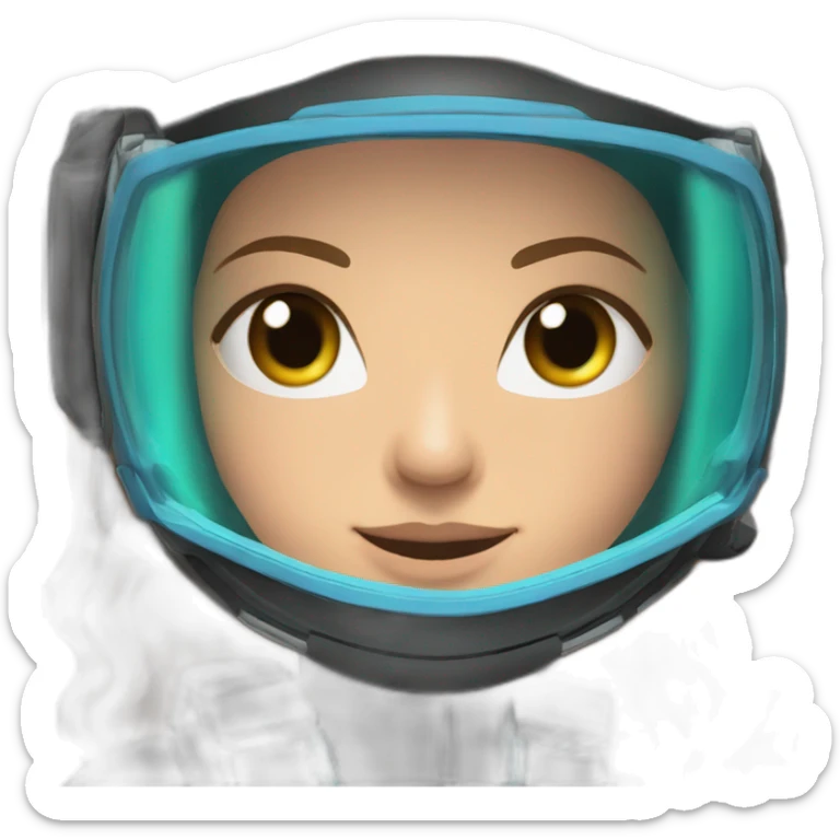 woman with underwater scubadiver gear with fins, in her face green and blue eyes, large and straight brown hair, pink diving underwater black suit gear sticker