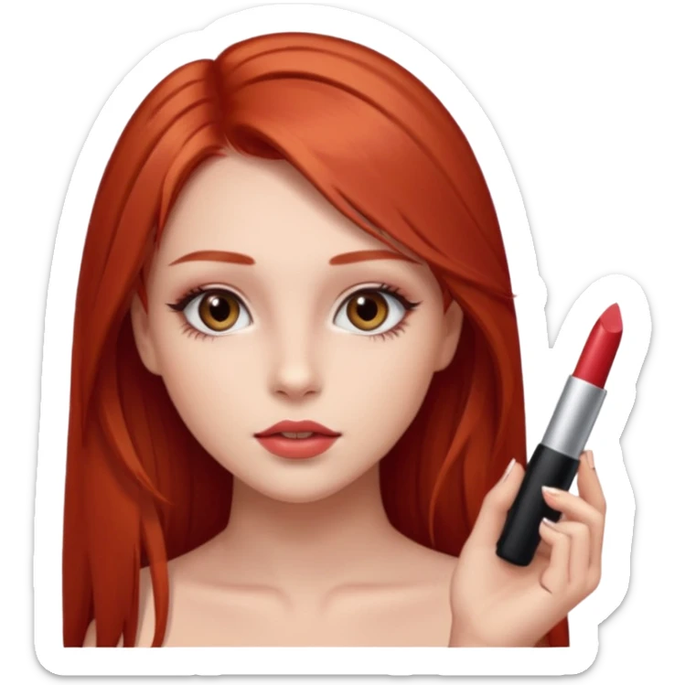 una chica con pose divertida de 18 años con los labios con pintalabios nude y los ojos maquillados, de piel blanca con el pelo liso, largo y pelirrojo, ojos marrones sticker