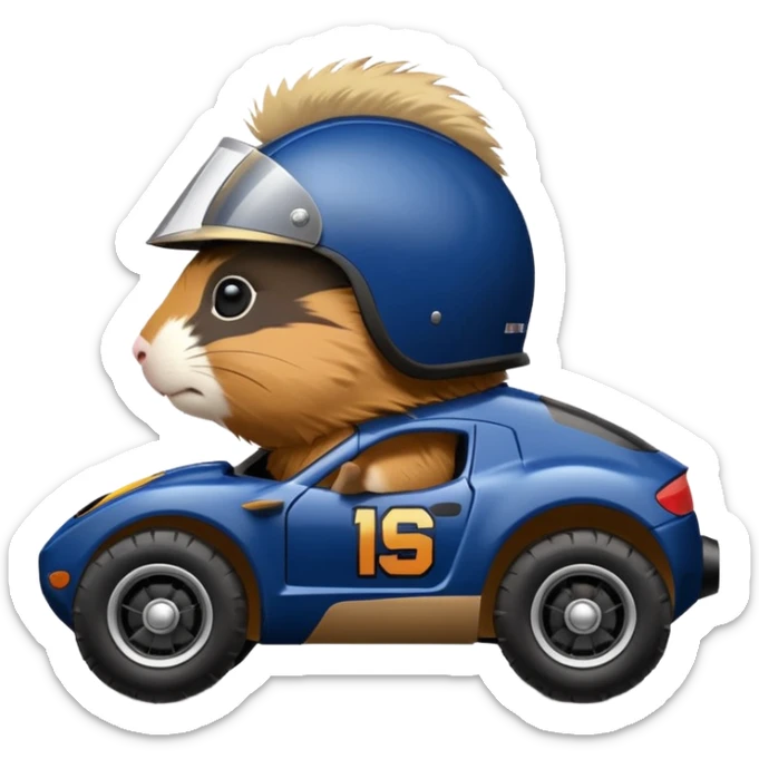 Side view of Midnight blue Local Motors Rally Fighter off road race car driven by a Guinea pig  sticker