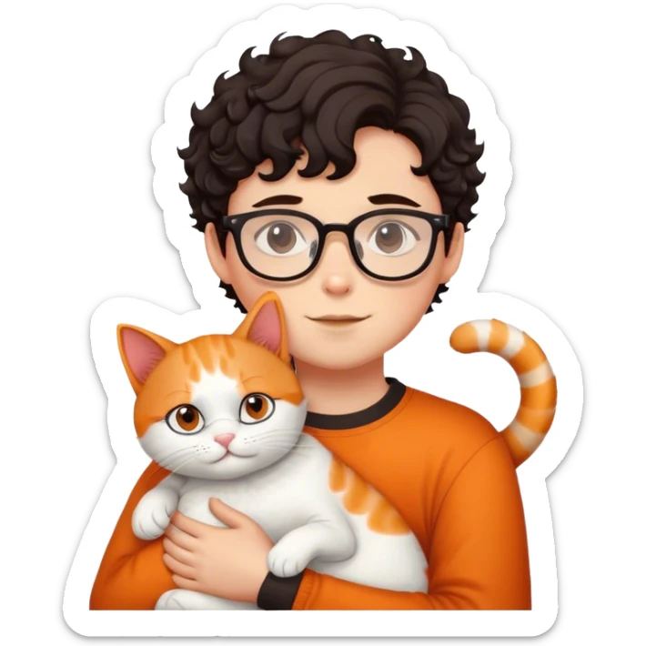 Boy with curl dark hair and glasses hugs white and orange cat sticker