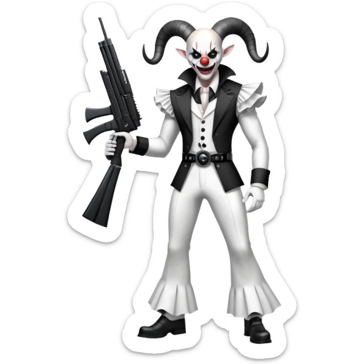 full-body muscular demonic clown in a black and white leisure suit with bellbottom pants, bald, with black ram horns, flashy black and white belt, ruffled white shirt, no neck tie, large fangs, holding a very large futuristic rifle sticker
