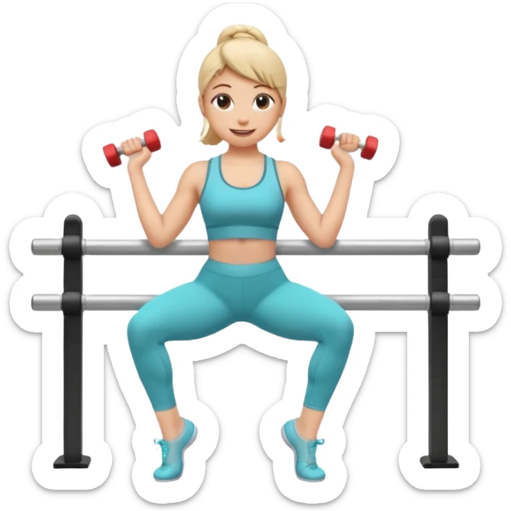 A cute 3D emoji of a fitness woman doing a plié squat at a ballet barre, holding a small dumbbell. She is sweating but smiling. Wearing leggings and a tank top. Soft pastel background, Apple emoji style. sticker
