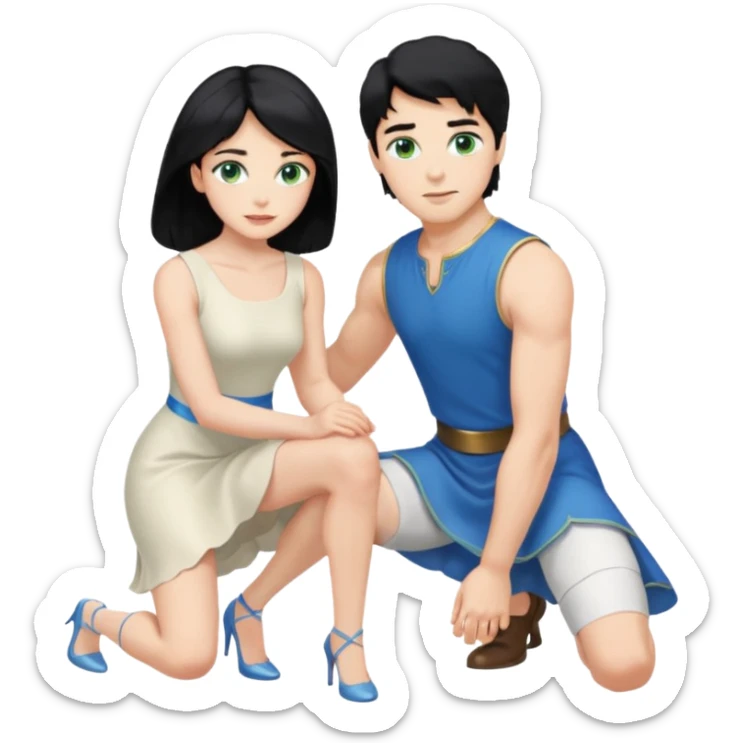 prince, upright, black Hair, blue eyes, Woman, blonde Hair, Green eyes, bending knee, sleveless White Dress, sticker