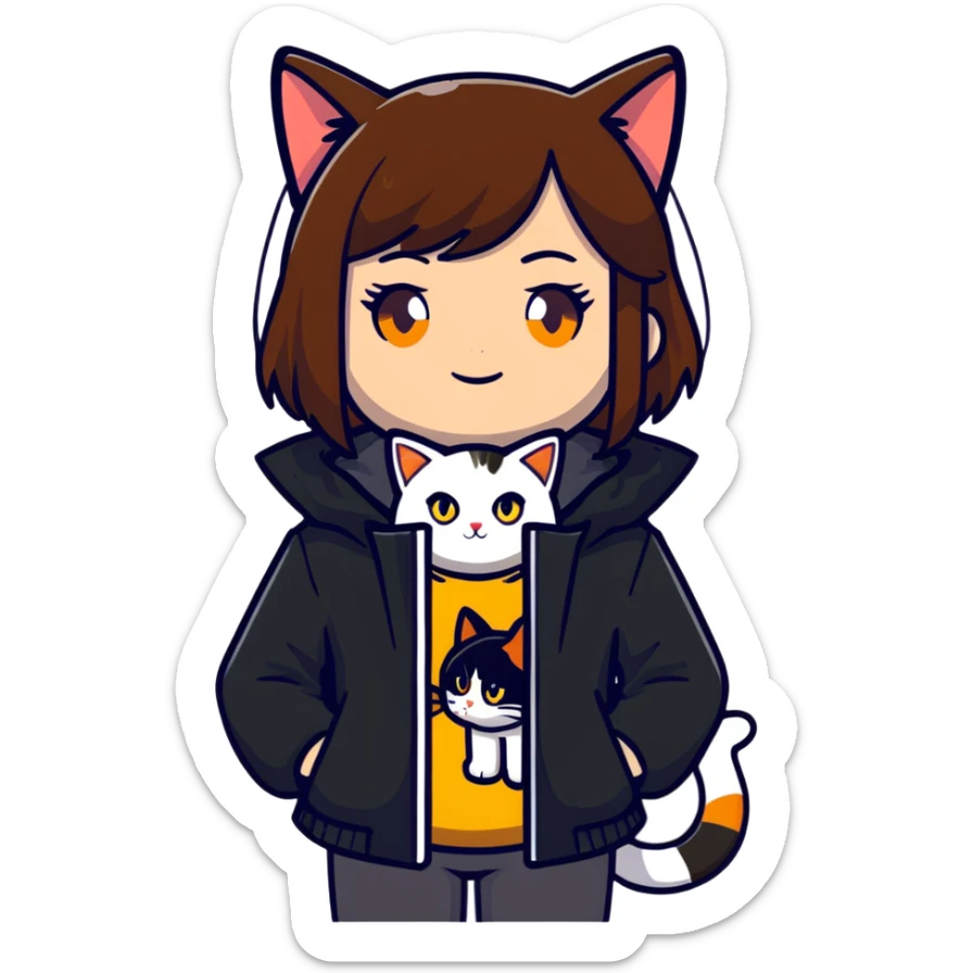 Light-skinned girl with brown straight hair wearing a black jacket, with one pure white cat with yellow eyes and one calico cat with orange black and white patches sticker