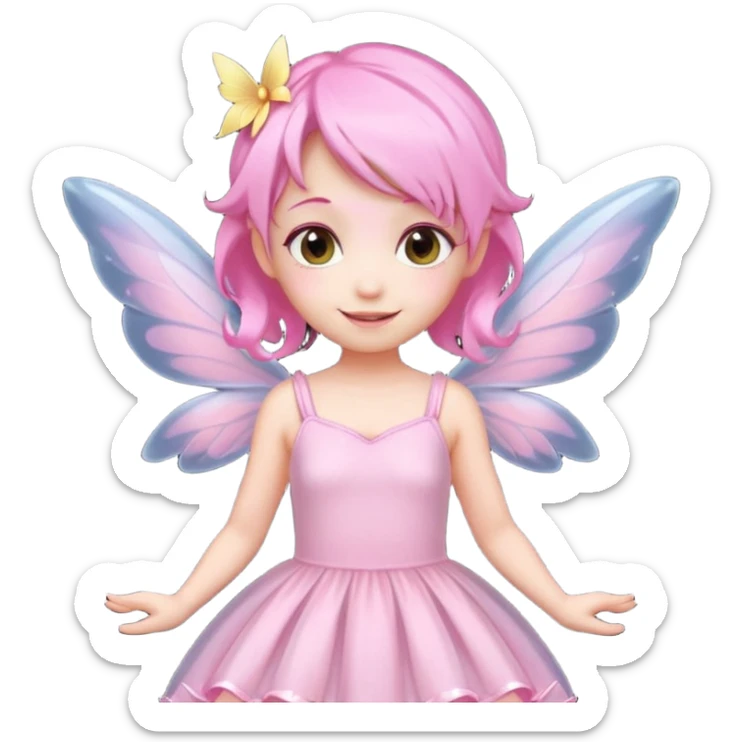 A tiny pastel fairy with pink hair with glowing wings and a sweet smile  sticker