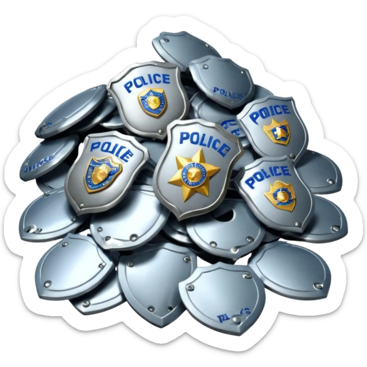 cinematic - aesthetic brilliant divine lighting, oil paint - ia pile of police badges thrown in the trash sticker