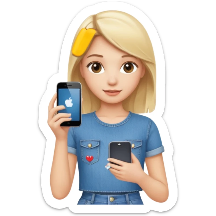 A blonde pretty girl wearing a denim skirt holding an iPhone 16 sticker