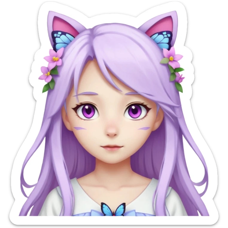 female anime character with pink eyes long white hair and periwinkle highlights and cat ears on her head. She is wearing a white dress with purple flowers and butterfly. sticker