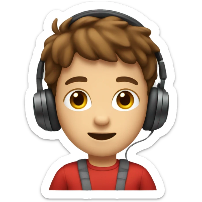 A kid with a red t shirt and brown hair and headphones  sticker