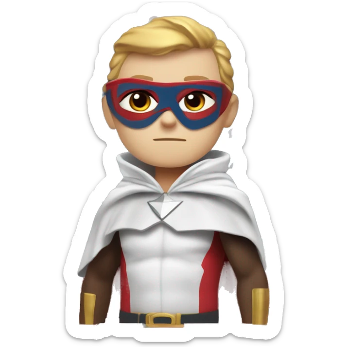 Emoji of Homelander from ‘The Boys’ series. USA flag-inspired costume with cape (red, blue, white). Confident, slightly menacing expression. sticker