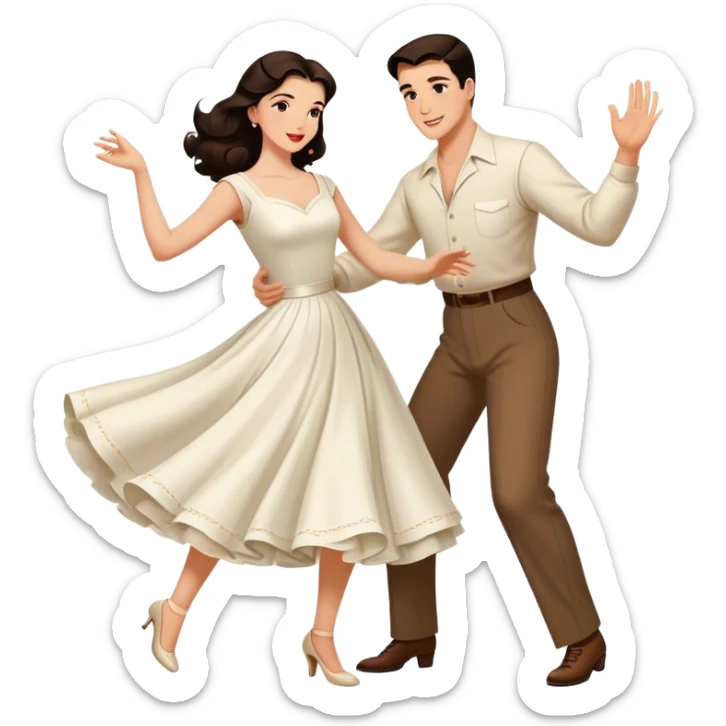 Beautiful woman in 1950’s woman fashion look, white dress, long dark brown hair, balboa couple dance  sticker