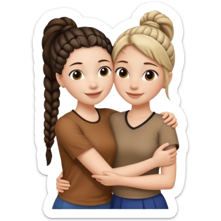 Comforting Hug two white skin women, one shorter woman with brown simple top ponytail, not braided, and one taller woman with long black side braid sticker