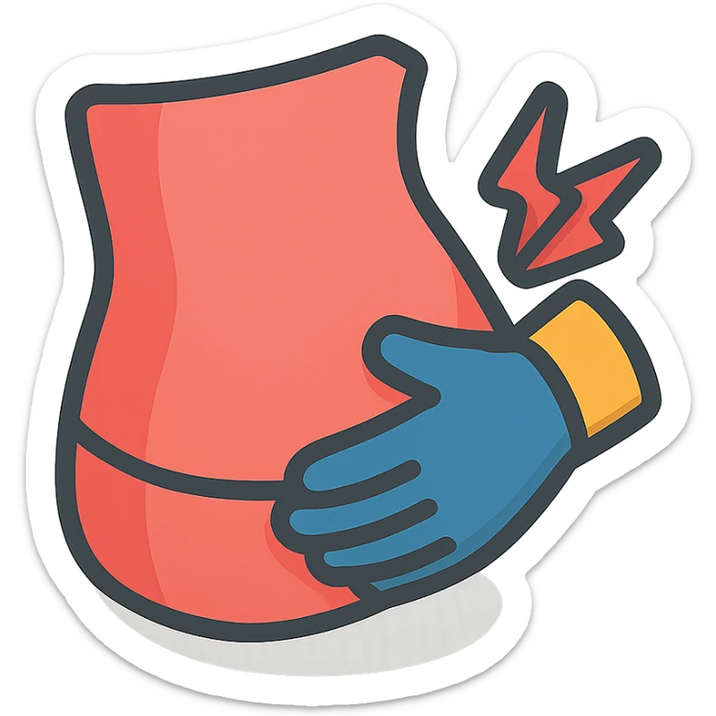 extreme close-up of a person's stomach with one hand clutching the side, showing discomfort, only the stomach and hand, no face, 2D isometric illustration style sticker