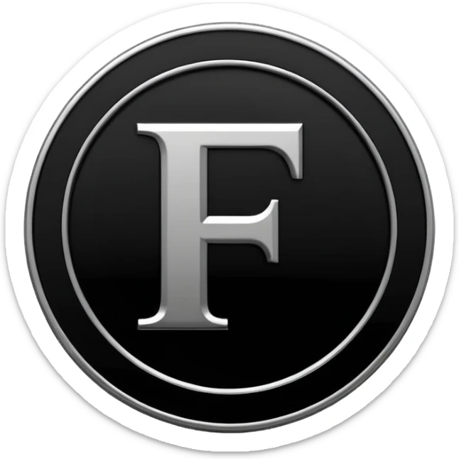 Emoji icon of a black coin with engraved letter F, minimalist style, isolated, no color sticker