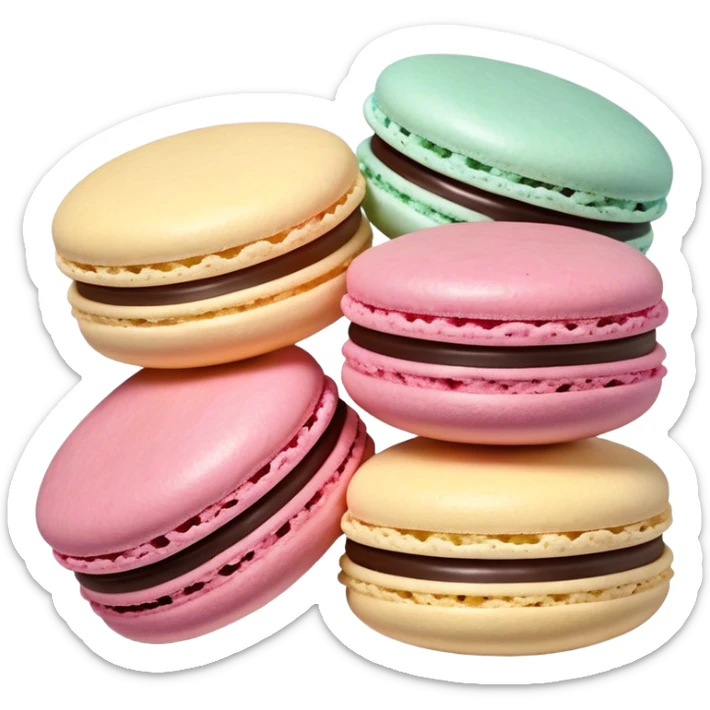 Cinematic Realistic Macaroon Dessert Emoji, showcasing colorful, delicate meringue-based cookies with a crisp exterior rendered with vibrant textures and playful, soft lighting. sticker