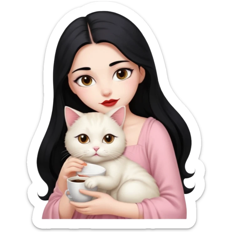 Beautiful Girl Long Hair black, Brows Big , Skin White, Dress Pale Pink , Big Red Lips, EyesCoffe , Hug Little baby Persa Cream Cat With Cute Eyes sticker