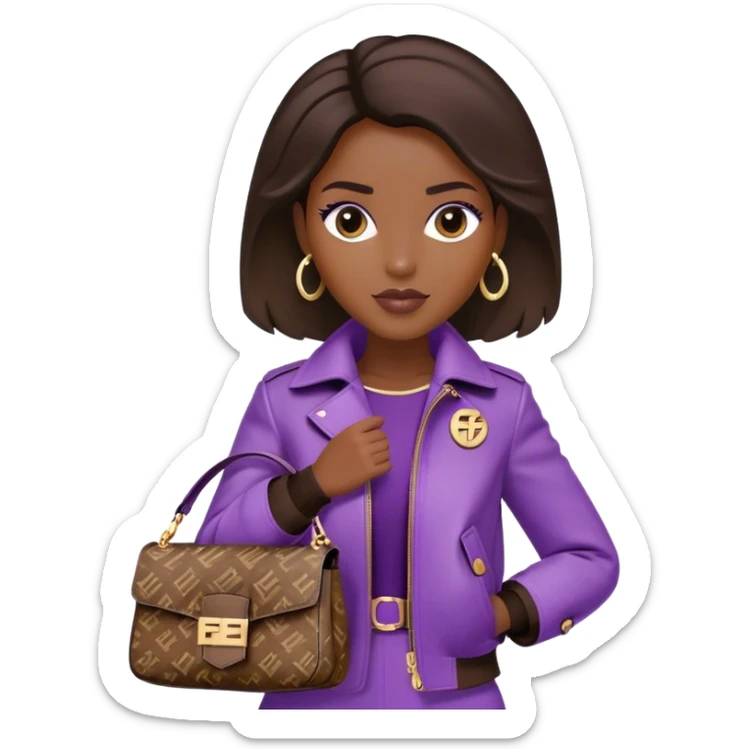 Beautiful black woman wearing a brown monogram Fendi jacket and carrying a purple Fendi baguette bag. I want the image to start at her head and end at the waist sticker