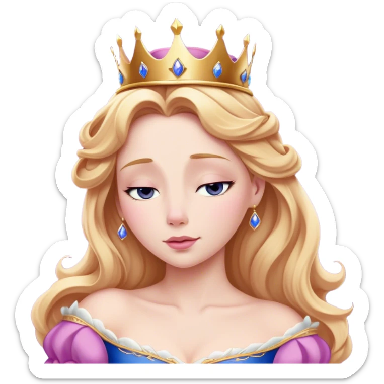 Cinematic Realistic Sleeping Beauty (Aurora) Portrait, with porcelain-like skin featuring a natural rosy flush, illuminated by soft lighting that highlights the gentle contours of her face. Her golden blonde hair flows in soft, detailed waves with subtle highlights that shimmer in the light. Her deep violet-blue eyes radiate warmth and innocence, framed by arched brows and long lashes. Her serene expression exudes quiet elegance. She is dressed in her classic pink gown, the fabric rich in texture with delicate folds that catch the light. A golden crown rests atop her head, gleaming with royal refinement. The portrait captures a soft, glowing aura, blending realism with an ethereal sense of beauty and timeless enchantment. sticker