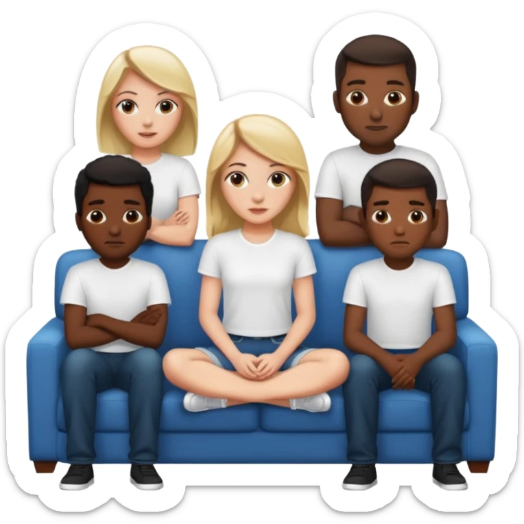 A white girl sitting on a couch with five black men in white shirts behind her  sticker