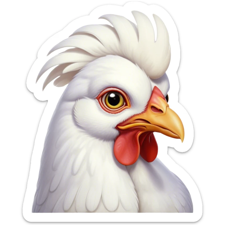 Cinematic Noble White Chicken Portrait Emoji, Poised and regal, with a compact, sturdy build and a pristine, well-groomed pure white plumage, deep-set soulful beady eyes, Simplified yet sharp and sophisticated features, highly detailed, glowing with a soft, dignified glow, high shine, intelligent and alert, stylized with an air of barnyard elegance, focused and attentive, soft glowing outline, capturing the essence of a watchful and confident fowl, so majestic it feels as though it could strut out of the screen with effortless authority! sticker