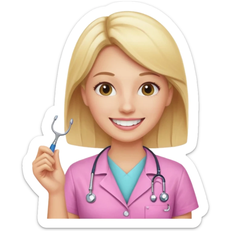 dentista mulher, loira, pele branca, camisa rosa, sorrindo transmitindo verdade e confiança sticker