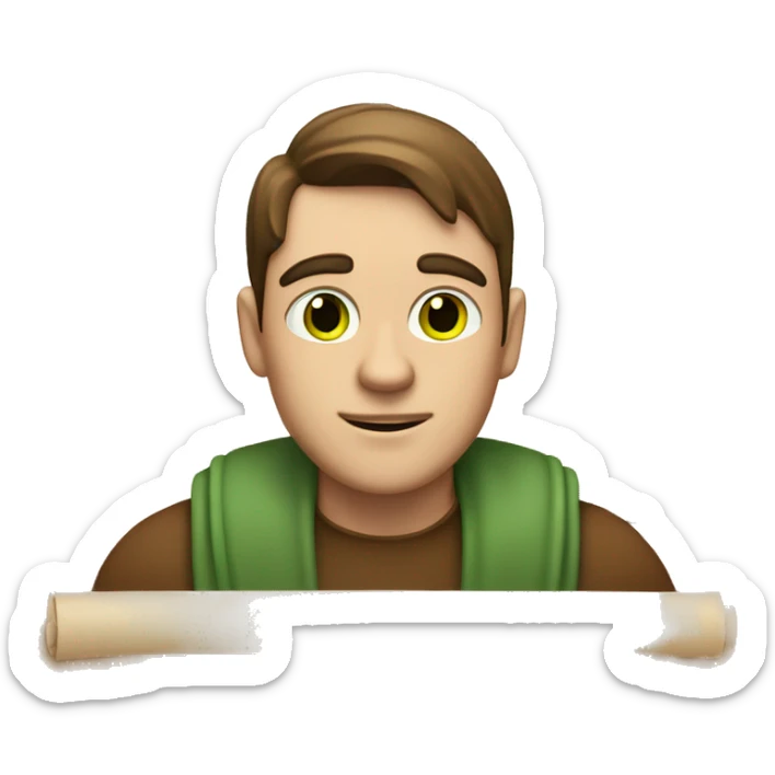 a light-skinned green-eyed man with brown hair sitting in front of the paper scroll  sticker
