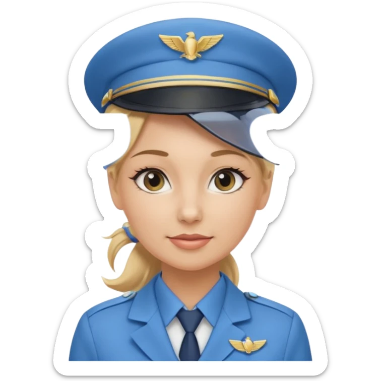 Create an emoji of a female flight attendant with blonde hair tied up, wearing alight blue flight attendant hat and a blue flight attendant uniform. sticker