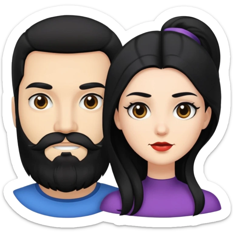 couple of newlyweds, white skin man with black hair and black beard; white skin woman with long black hair and black eyes sticker
