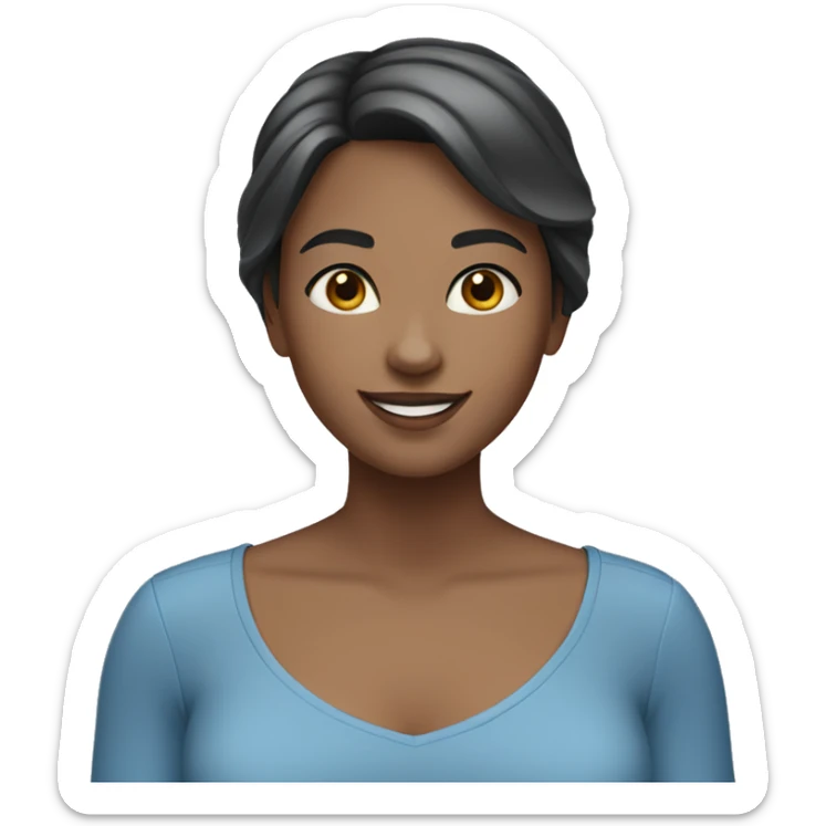 a girl with straight short dark brown hair, gray eyes, in a blue blouse is smiling sticker