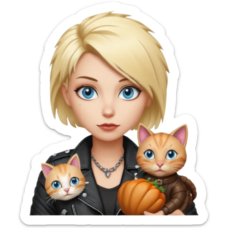 A blonde punk rocker woman with blue eyes with a thanksgiving turkey cat sticker