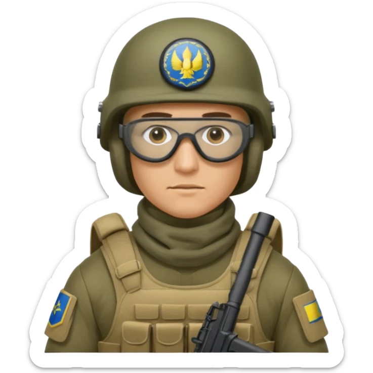 Ukrainian Intelligance agency warrior man in platecarrier with nato riffle in helmet, balaclava, poncho and ballistic glasses sticker