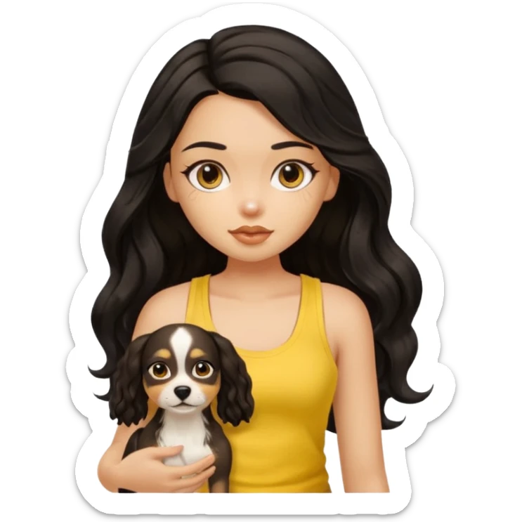 brown pretty bratz girl with long wavy black hair, wearing a yellow tank top with a dog sticker